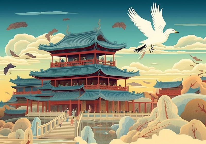 国潮古建筑祥云背景插画承德避暑山庄行人人群游玩白鸟飞鸟飞过,插画/手绘图,插画/手绘图库,插画/手绘图下载,插画/手绘